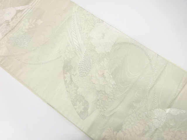 アンティーク　地紙に尾長鳥・牡丹・菊模様織り出し袋帯（材料）